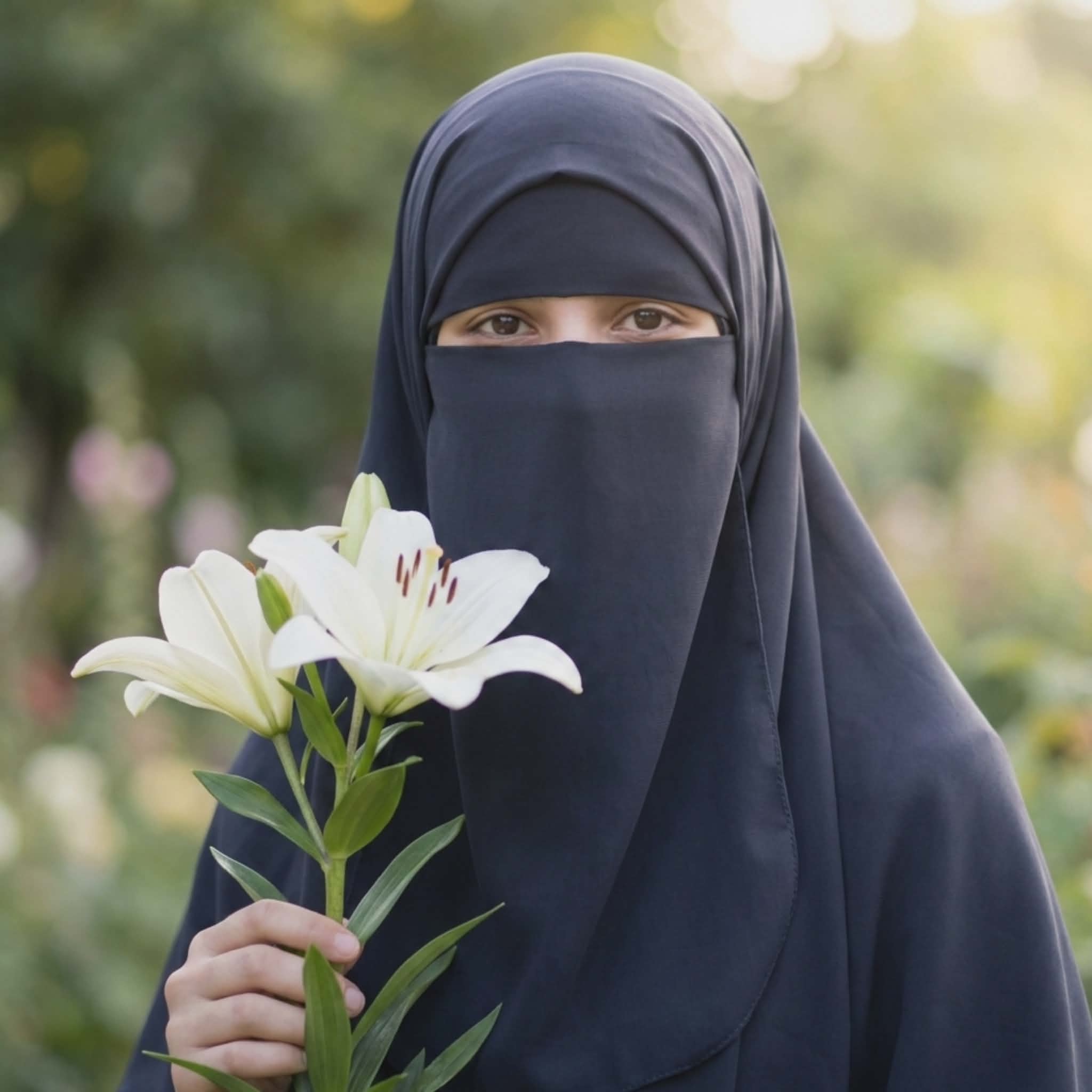 Beautiful Muslim girl in black niqab holding white lily flowers, smiling eyes visible, blurred garden background, aesthetic Islamic hidden face DP.