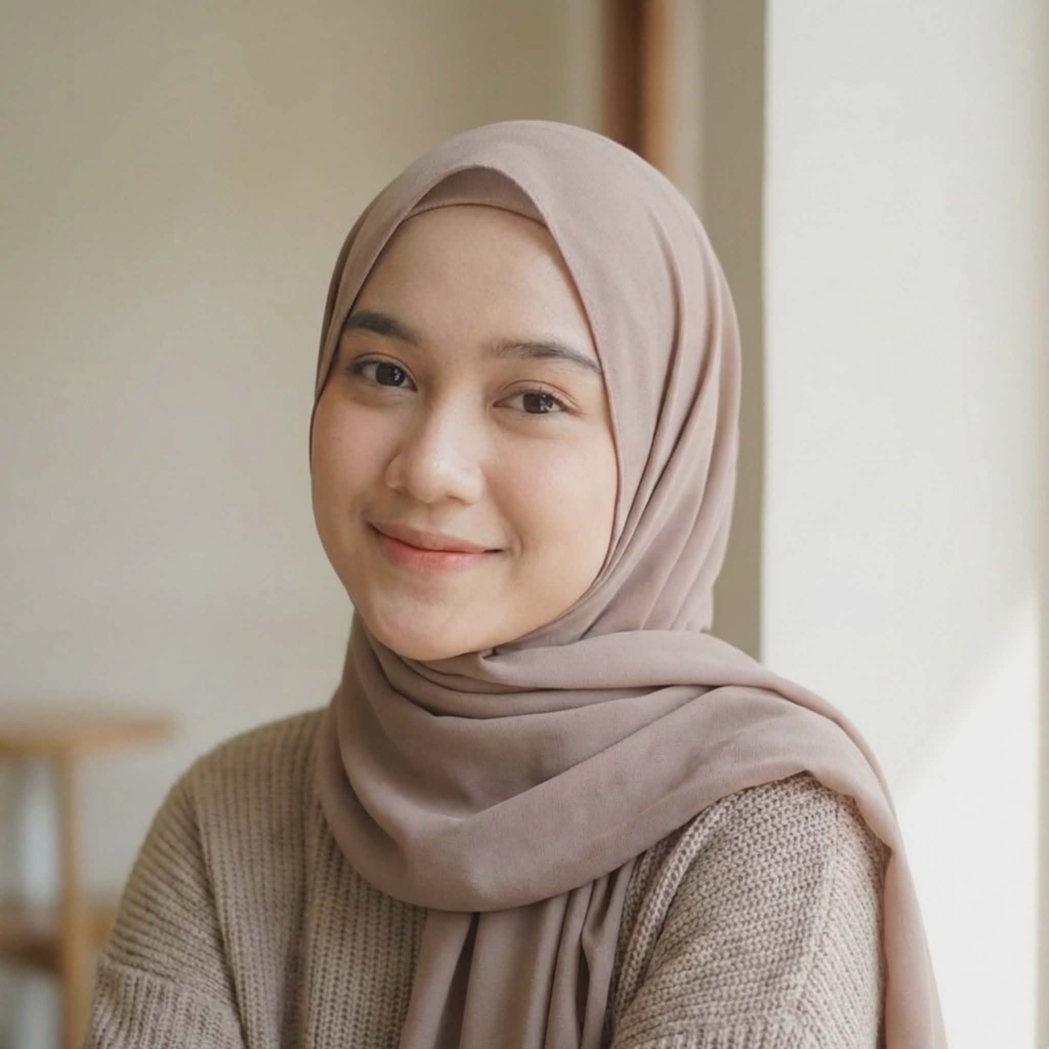 Close-up portrait of a cute Muslim girl smiling gently, wearing a beige hijab and knitted sweater, natural look, soft indoor lighting, modest profile picture.
