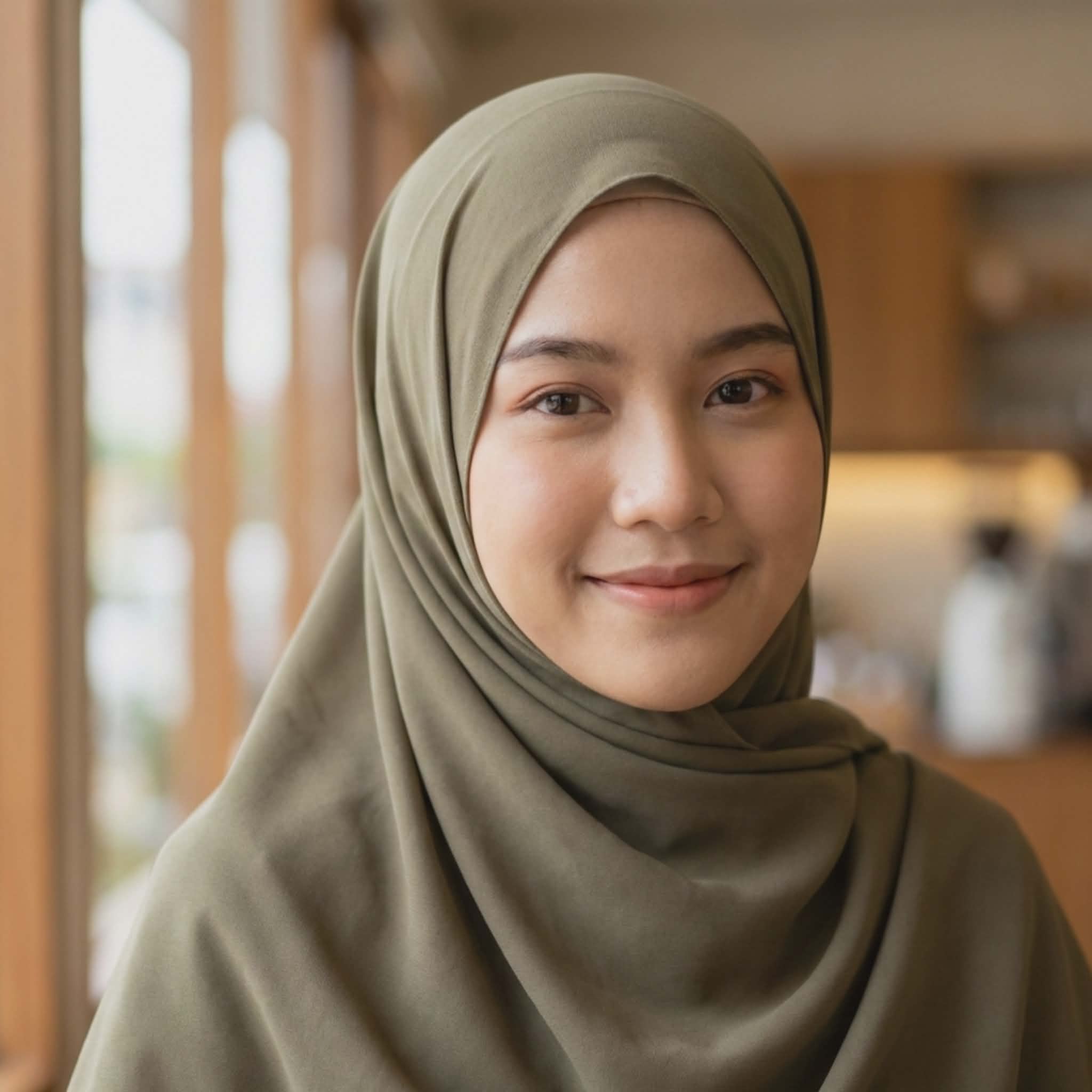 Portrait of a smiling Muslim girl wearing a simple olive green hijab, looking directly at the camera, natural makeup look, blurred indoor background, modest profile picture.