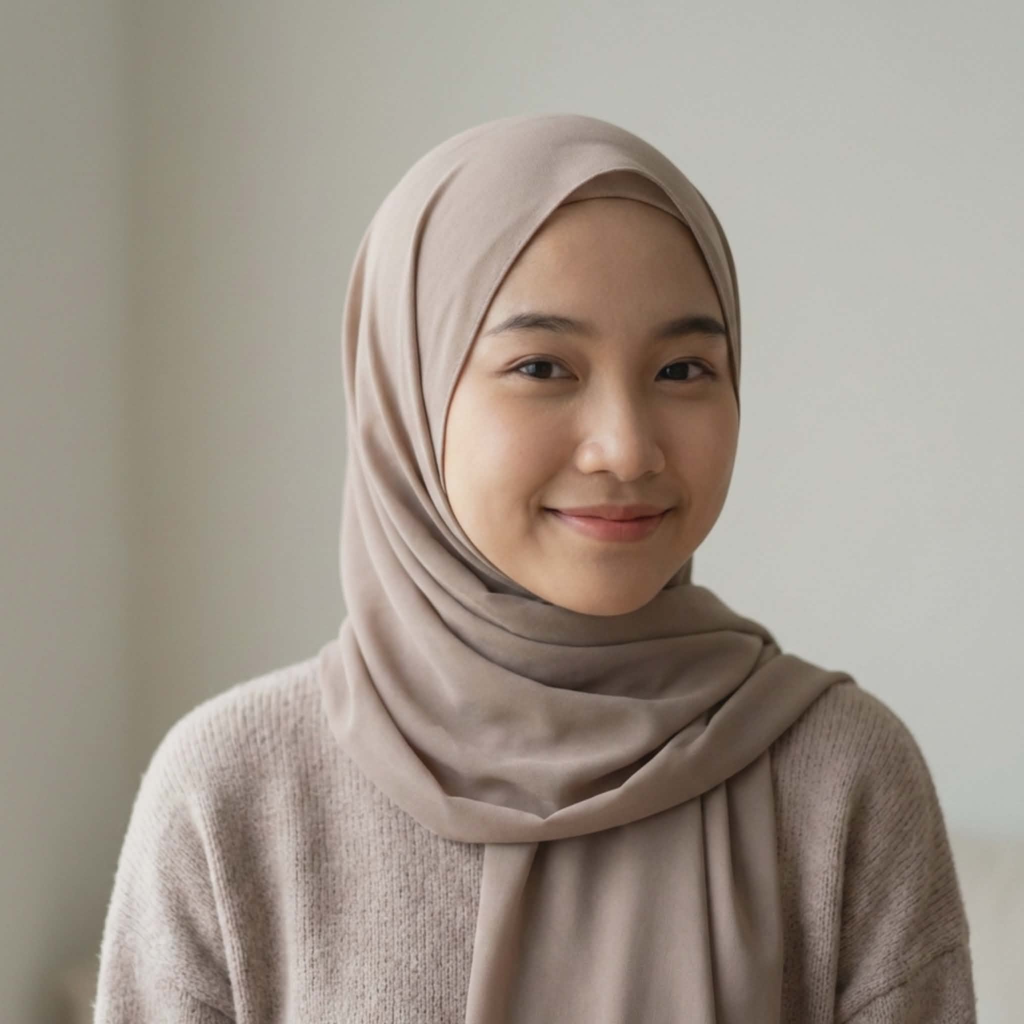 Portrait of a cute Muslim girl wearing a taupe/light brown hijab and matching ribbed sweater, smiling softly, natural indoor lighting, aesthetic modest profile picture.