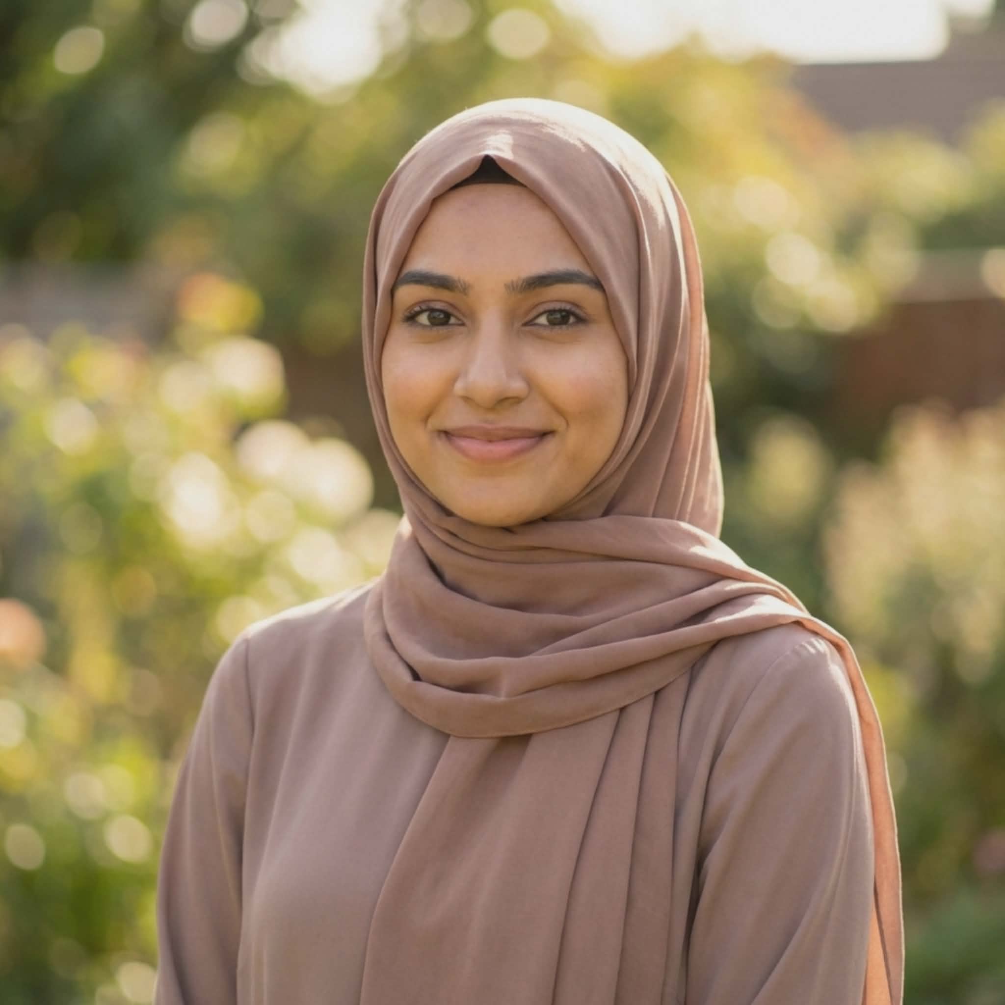 Portrait of a happy Muslim girl wearing a dusty rose hijab, smiling softly, blurred outdoor nature background with golden sunlight, modest fashion profile picture.