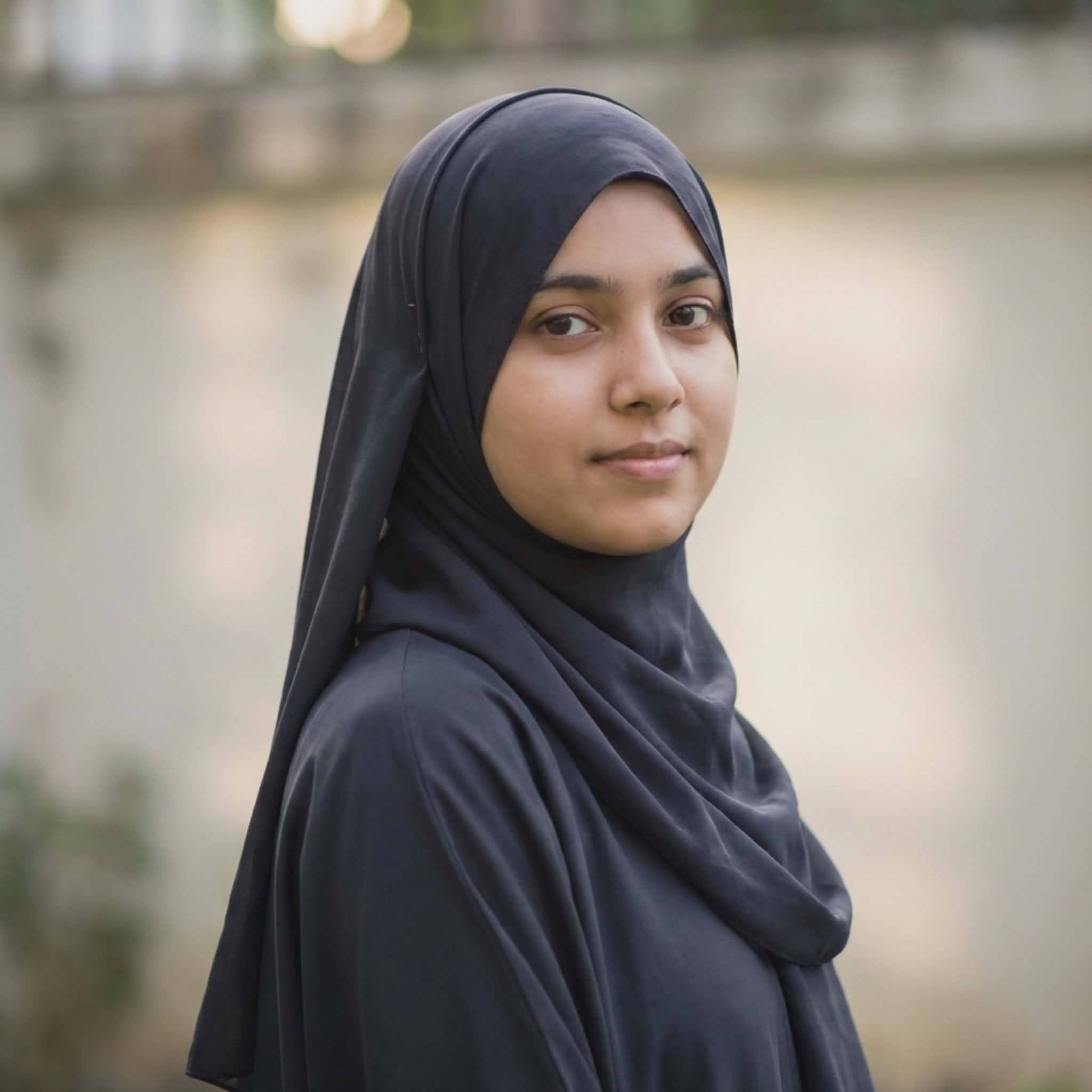 Portrait of a young Muslim girl wearing a simple black hijab, looking calmly at the camera, blurred outdoor wall background, natural no-makeup look DP.